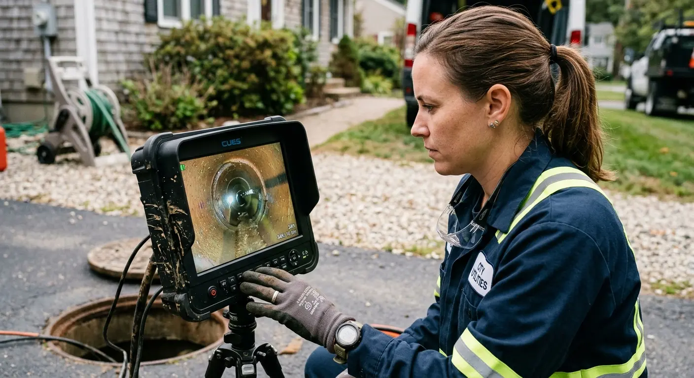 Technician reviewing sewer camera inspection footage in Newport