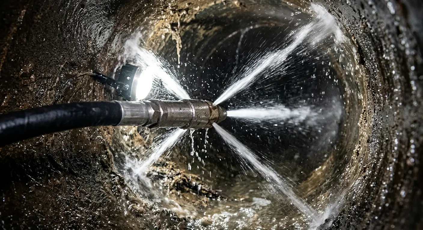 High-pressure hydro jetting nozzle cleaning sewer pipe for Trenchless Sewer Repair in Newport