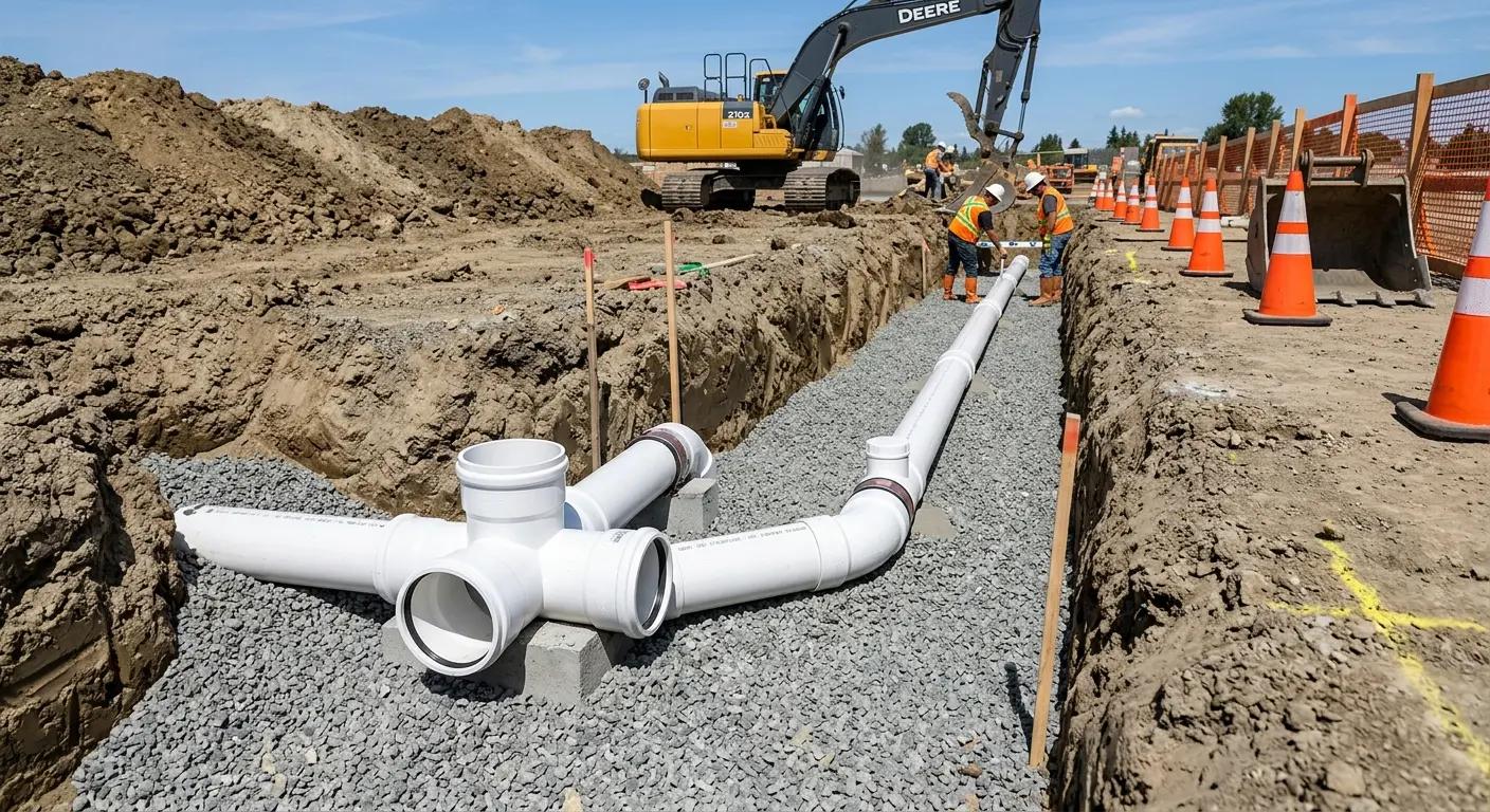 New PVC sewer pipe installation in open trench for Sewer Backup in Newport